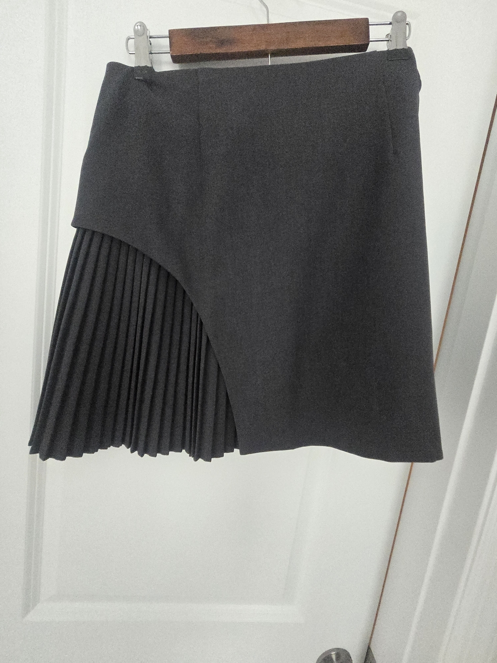 Commense Black Asymmetric Pleated Midi Skirt with Gold Buckle - Picture 3 of 5